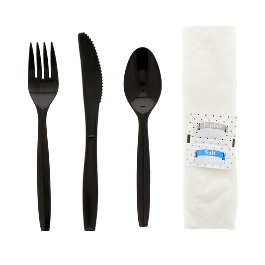 6 Piece Kit Black Medium Plus Weight Fork-Teaspoon-Knife-12" x 13" Napkin-S&P
