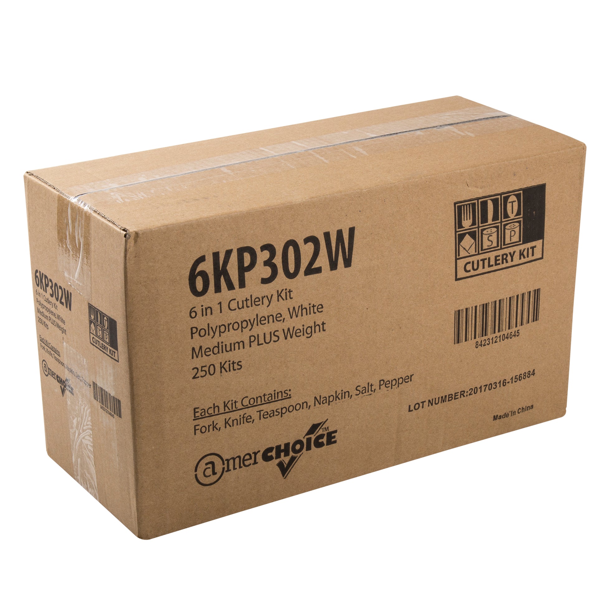 closed case of 6 Piece Kit White Medium Plus Weight Fork-Teaspoon-Knife-12" x 13" Napkin-S&P