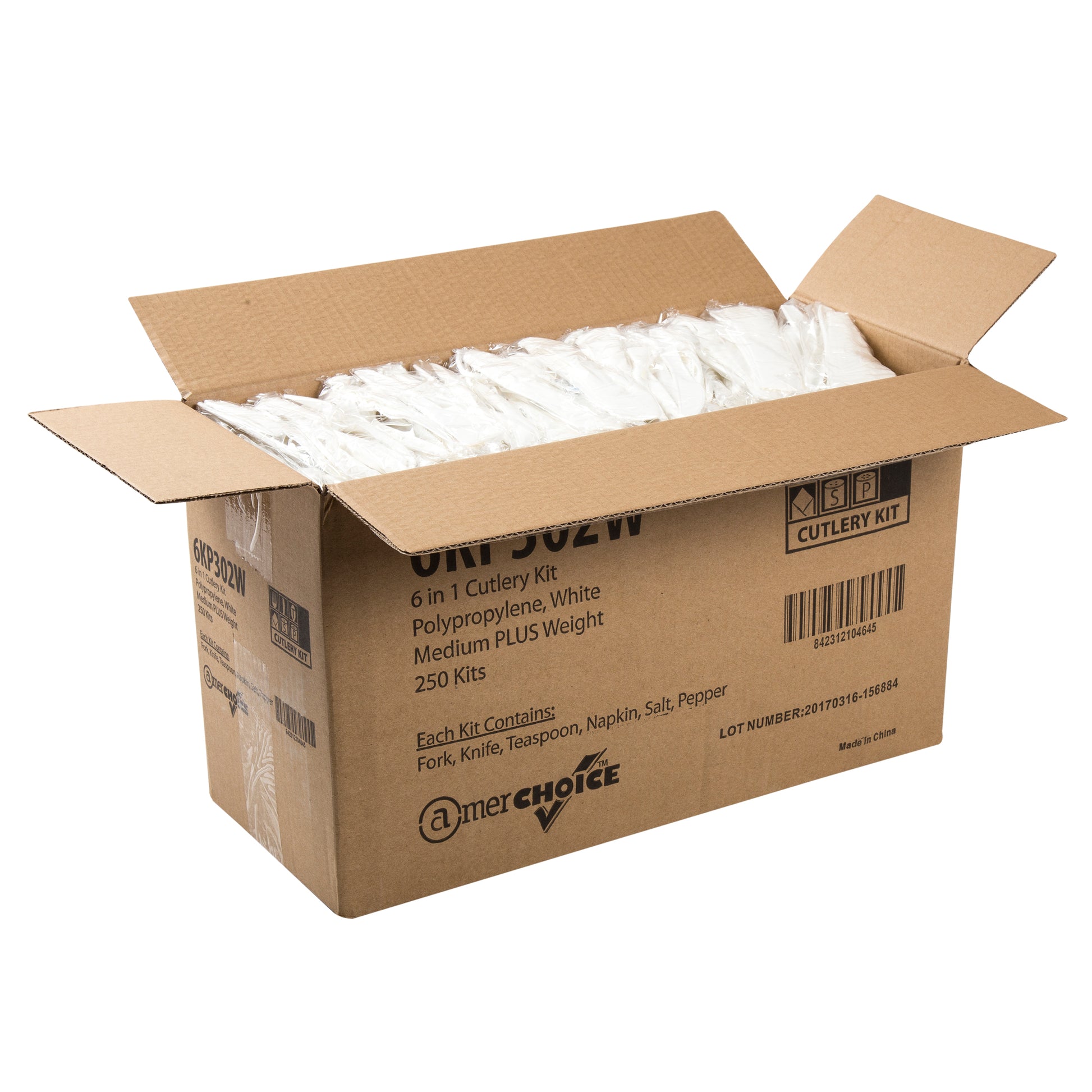 open case of 6 Piece Kit White Medium Plus Weight Fork-Teaspoon-Knife-12" x 13" Napkin-S&P