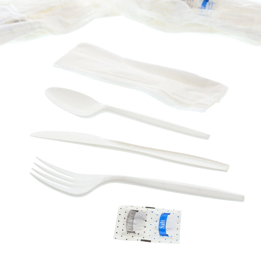 6 Piece Kit White Medium Plus Weight Fork-Teaspoon-Knife-12" x 13" Napkin-S&P