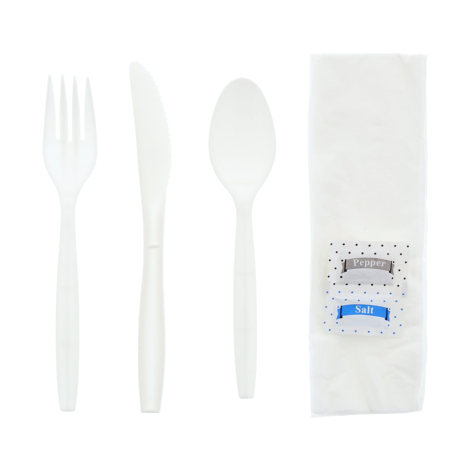 6 Piece Kit White Medium Plus Weight Fork-Teaspoon-Knife-12" x 13" Napkin-S&P wrapped