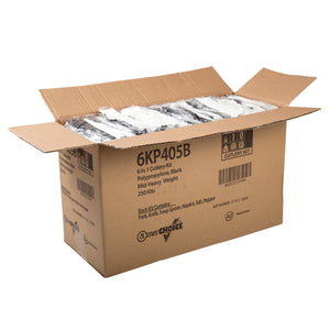 opened case of 6 Piece Kit Black Medium Heavy Weight Fork-Soup Spoon-Knife-12