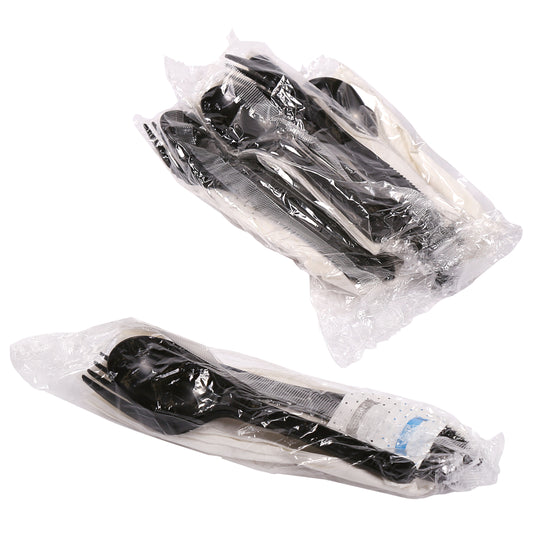 6 Piece Kit Black Medium Heavy Weight Fork-Soup Spoon-Knife-12" x 13" Napkin-S&P