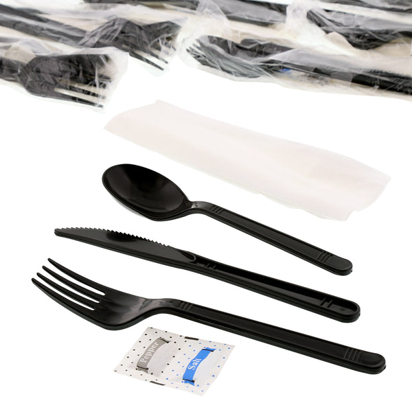 Choice Medium Weight Black Wrapped Plastic Cutlery Set with Napkin
