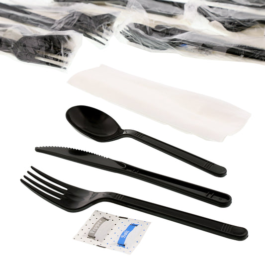 6 Piece Kit Black Medium Heavy Weight Fork-Soup Spoon-Knife-12" x 13" Napkin-S&P