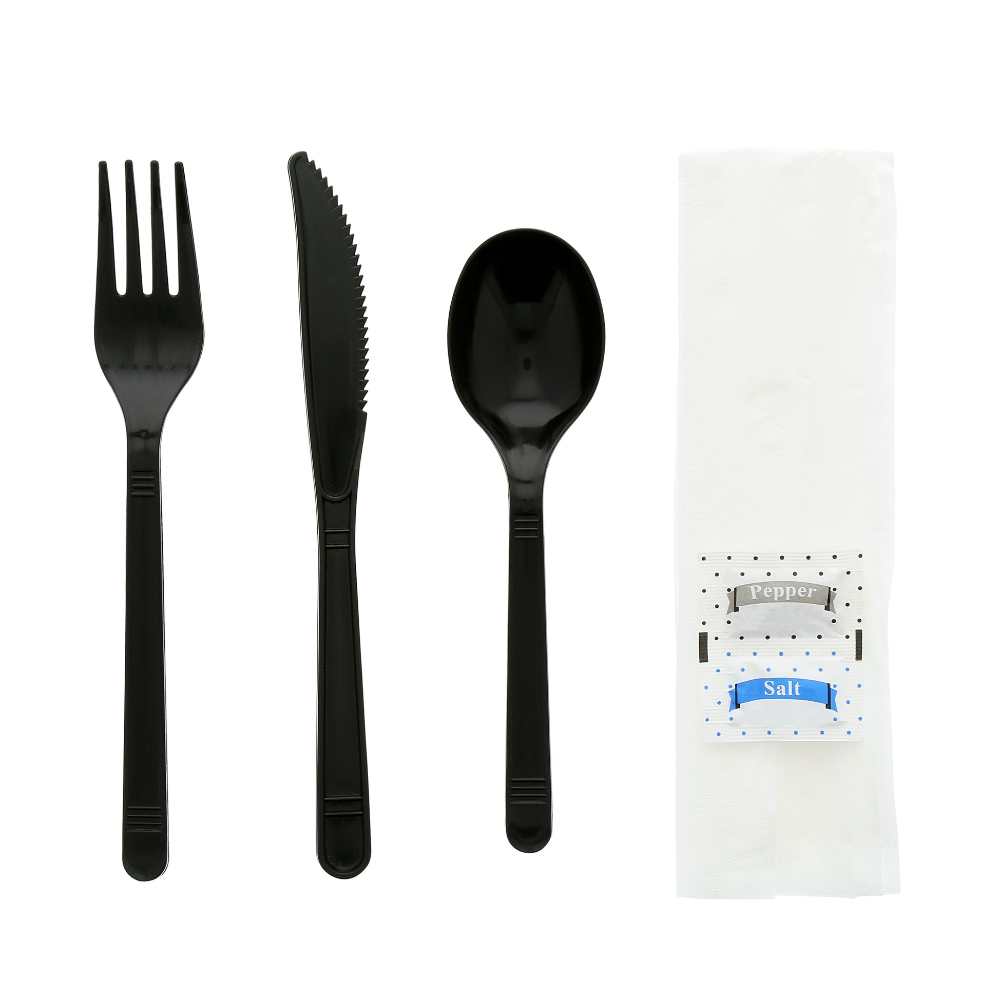 6 Piece Kit Black Heavy Weight Fork-Teaspoon-Knife-13" x 17" Napkin-S&P out of package