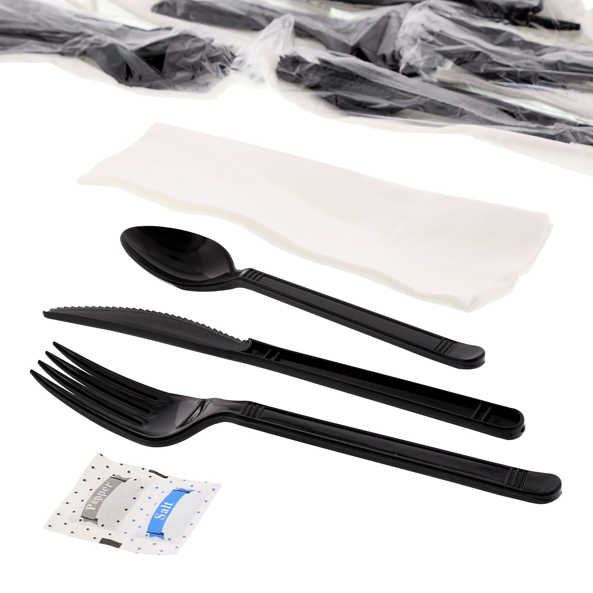 6 Piece Kit Black Heavy Weight Fork-Teaspoon-Knife-13" x 17" Napkin-S&P