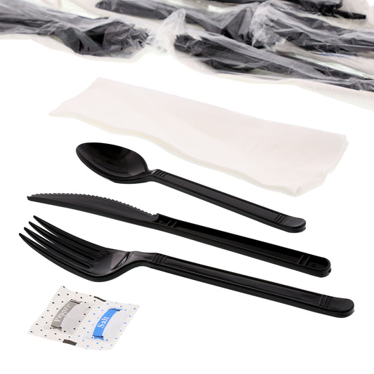 6 Piece Kit Black Heavy Weight Fork-Teaspoon-Knife-13" x 17" Napkin-S&P