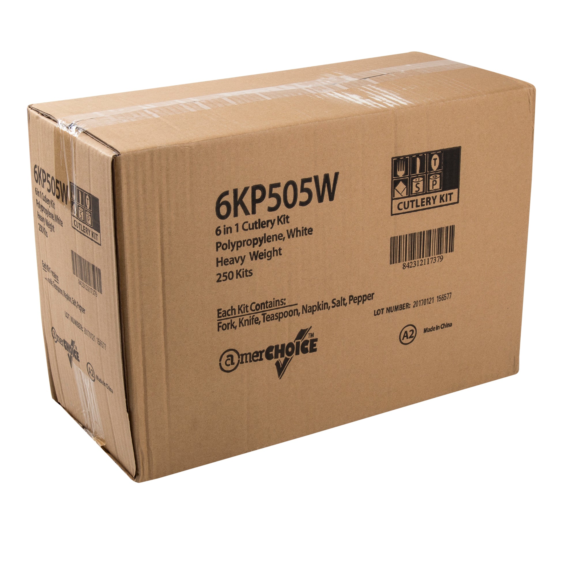 closed case of 6 Piece Kit White Heavy Weight Fork, Teaspoon, Knife, 13" x 17" Napkin, S&P