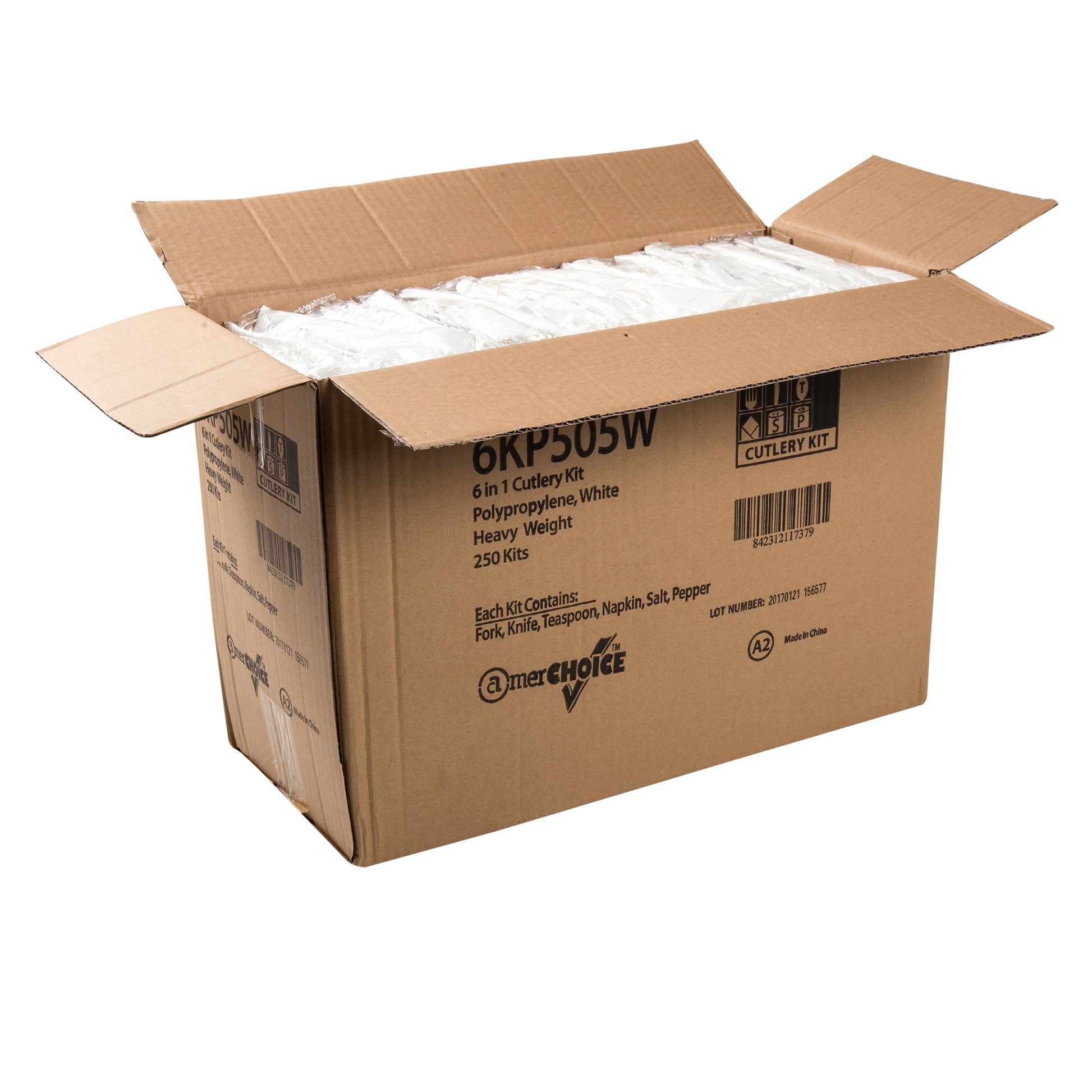 open case of 6 Piece Kit White Heavy Weight Fork, Teaspoon, Knife, 13" x 17" Napkin, S&P