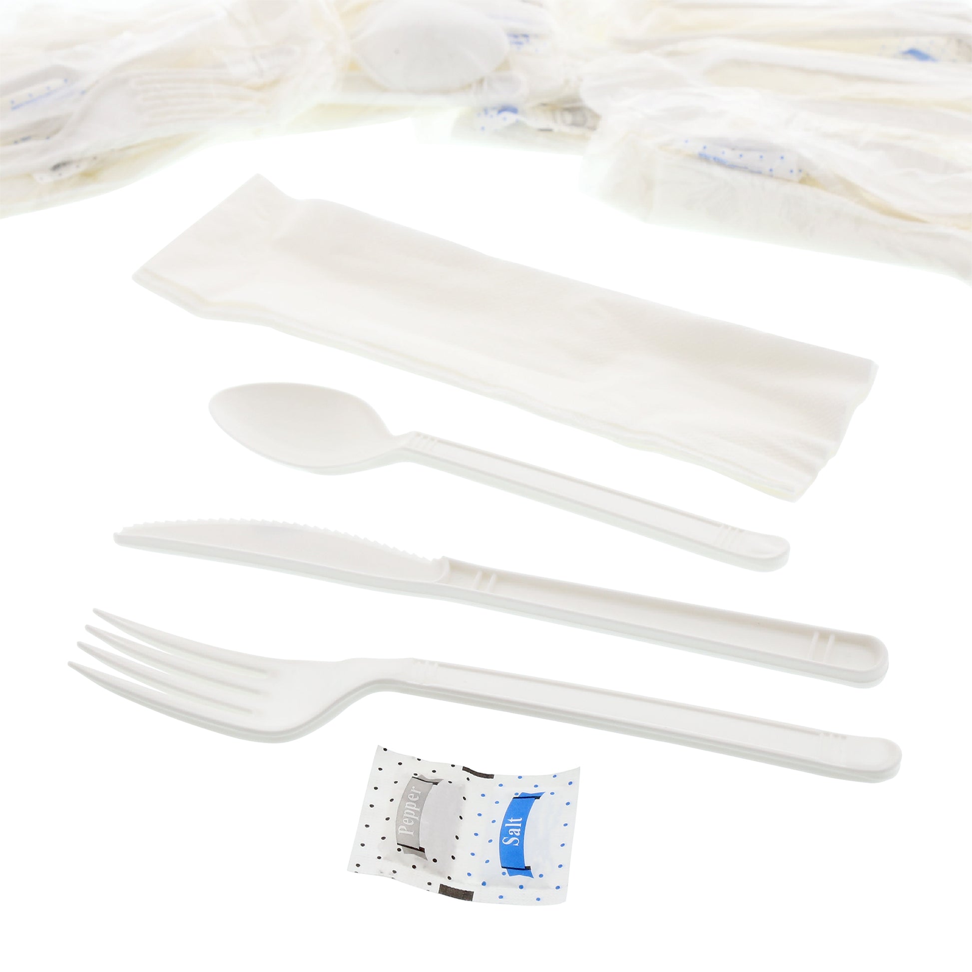 6 Piece Kit White Heavy Weight Fork, Teaspoon, Knife, 13" x 17" Napkin, S&P