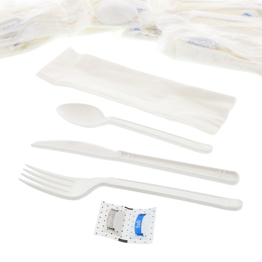 6 Piece Kit White Heavy Weight Fork, Teaspoon, Knife, 13" x 17" Napkin, S&P