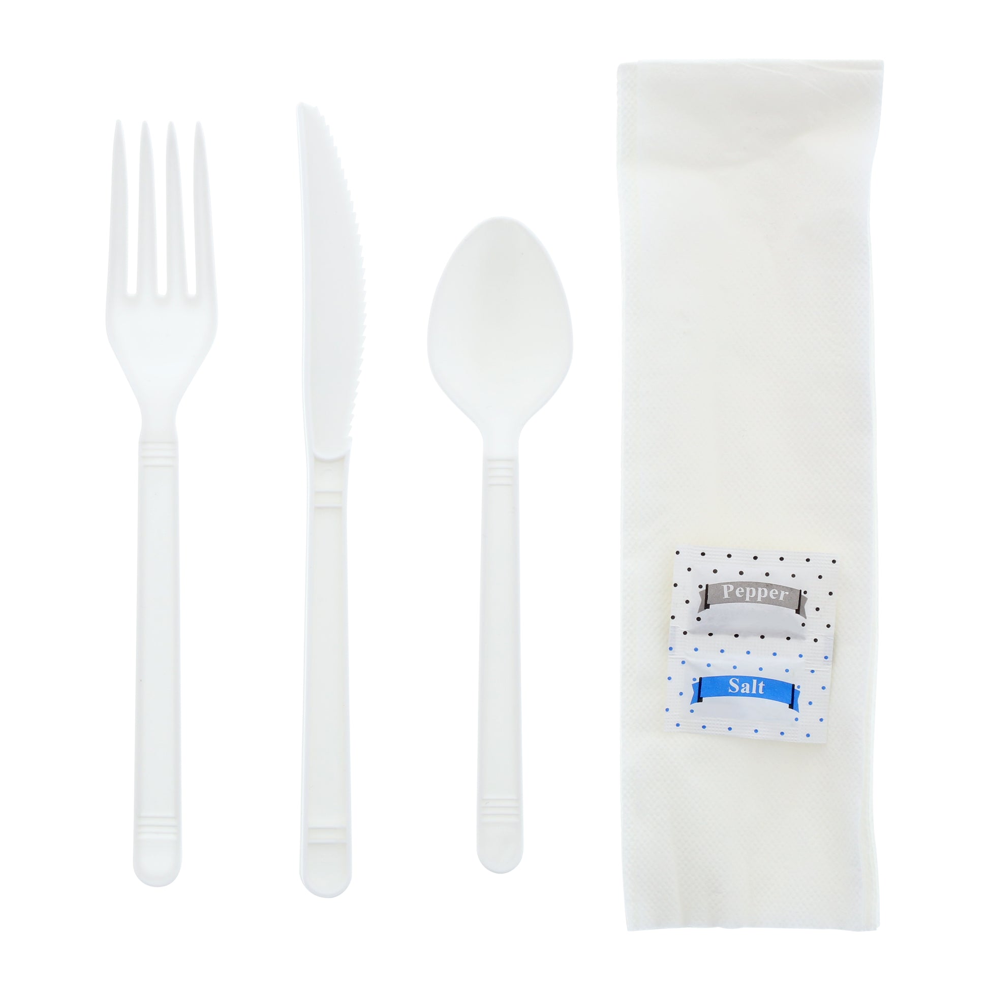 6 Piece Kit White Heavy Weight Fork, Teaspoon, Knife, 13" x 17" Napkin, S&P out of the packaging