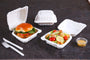 takeout in mineral filled containers with white cutlery on the side