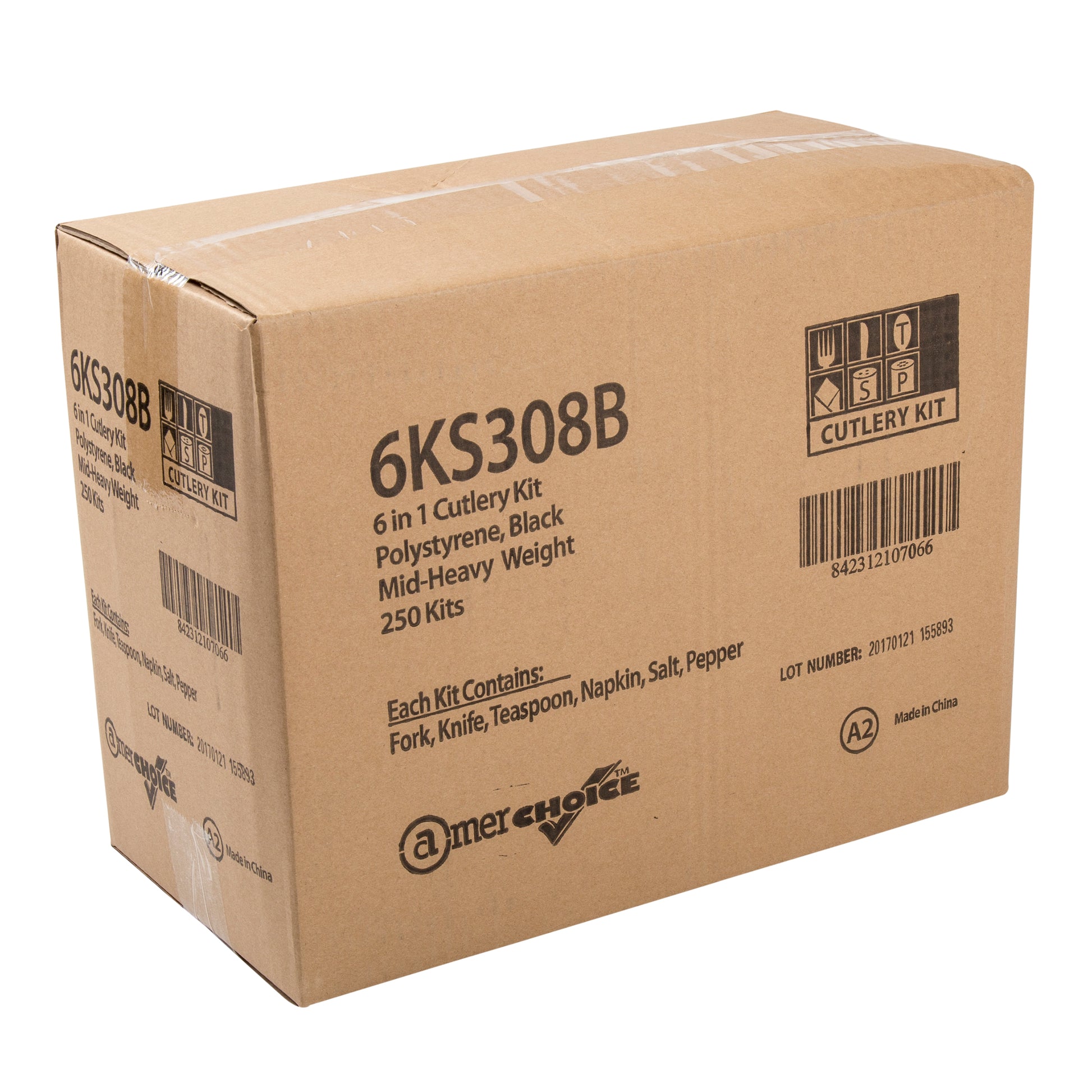 open case of 6 Piece Kit Black Medium Heavy Weight Fork-Knife-Teaspoon-12" x 13" Napkin-S&P