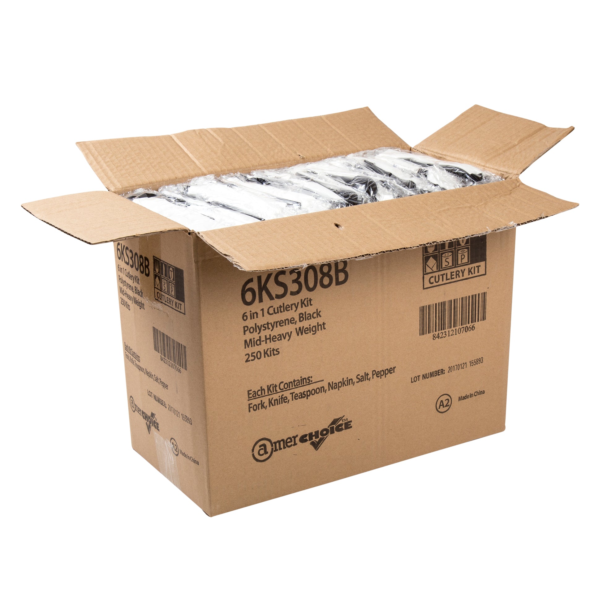 closed case of 6 Piece Kit Black Medium Heavy Weight Fork-Knife-Teaspoon-12" x 13" Napkin-S&P