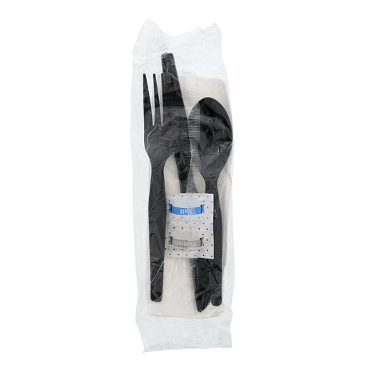 6 Piece Kit Black Medium Heavy Weight Fork-Knife-Teaspoon-12" x 13" Napkin-S&P