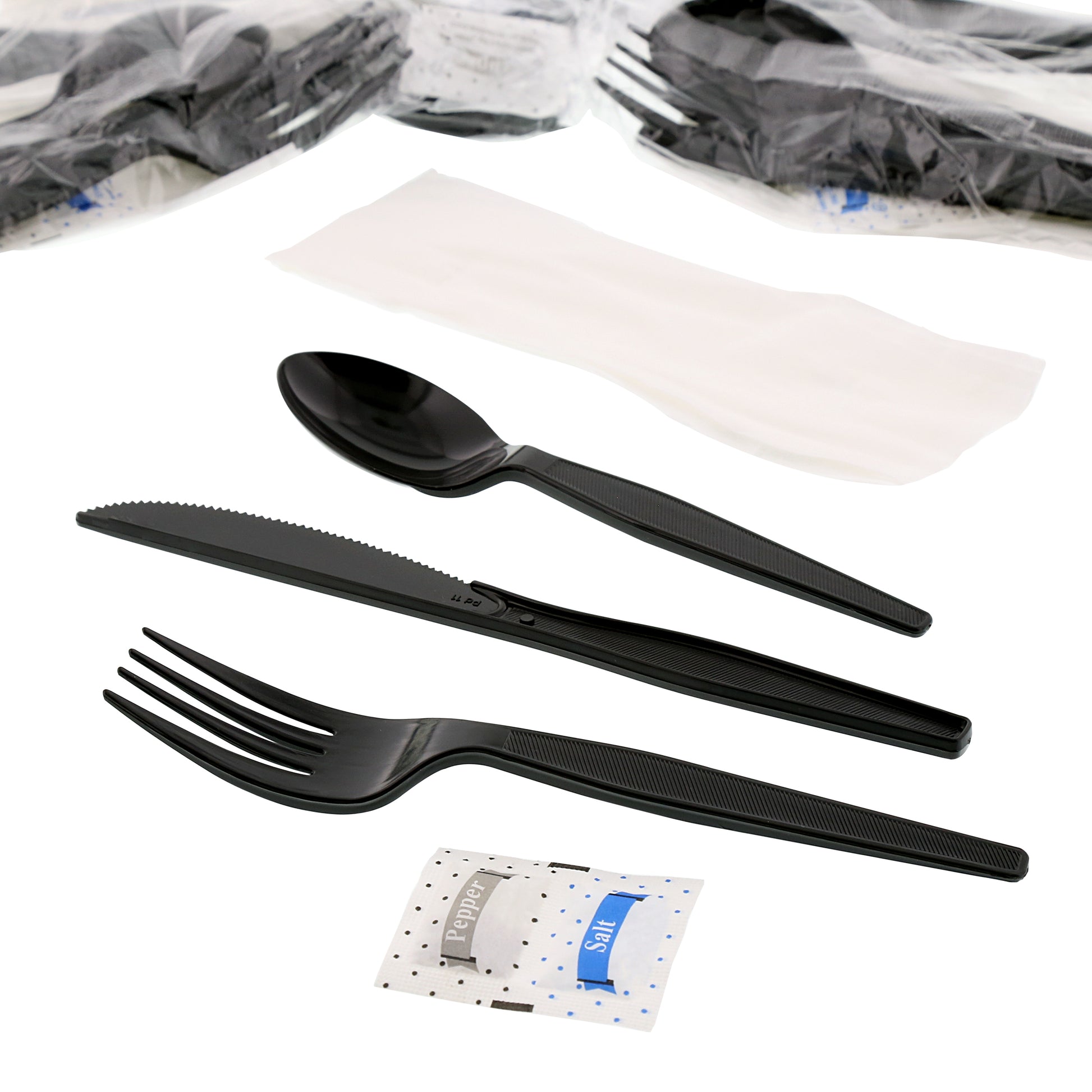6 Piece Kit Black Medium Heavy Weight Fork-Knife-Teaspoon-12" x 13" Napkin-S&P unwrapped with wrapped kits behind it