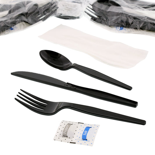 6 Piece Kit Black Medium Heavy Weight Fork-Knife-Teaspoon-12" x 13" Napkin-S&P unwrapped with wrapped kits behind it