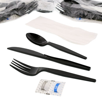 6 Piece Kit Black Medium Heavy Weight Fork-Knife-Teaspoon-12" x 13" Napkin-S&P unwrapped with wrapped kits behind it