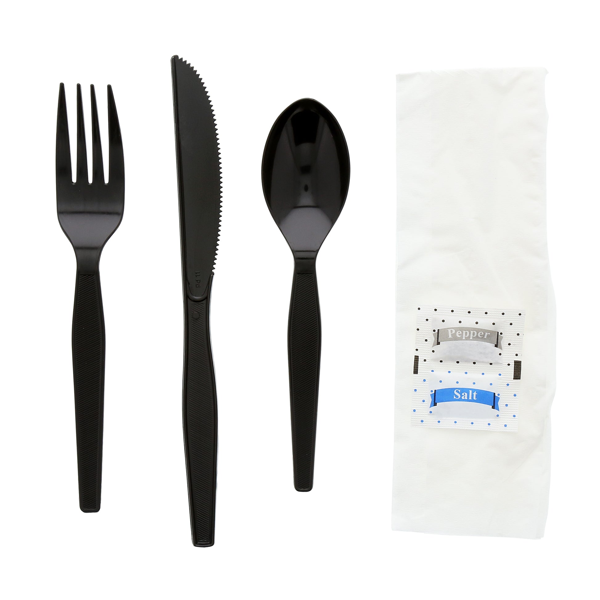 6 Piece Kit Black Medium Heavy Weight Fork-Knife-Teaspoon-12" x 13" Napkin-S&P unwrapped