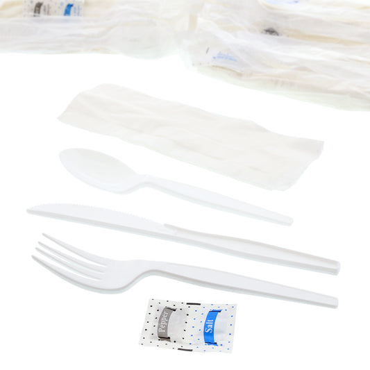 6 Piece Kit White Medium Heavy Weight Fork-Knife-Teaspoon-12" x 13" Napkin-S&P