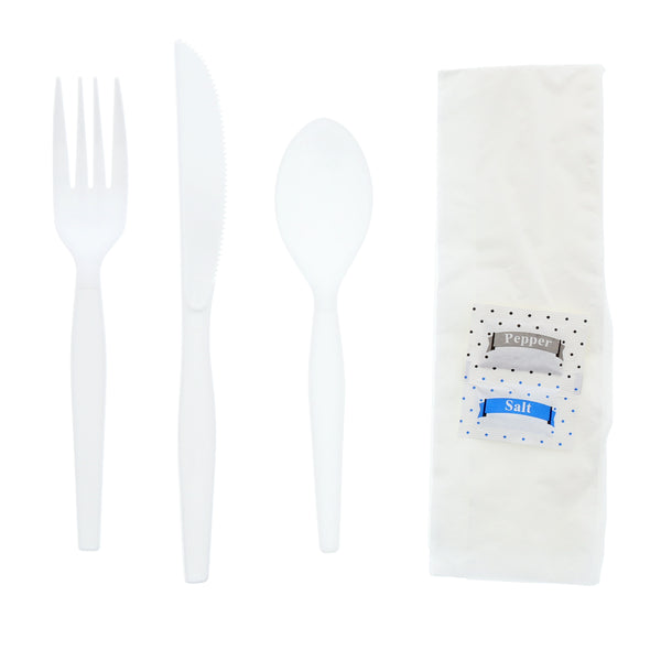 6 piece white cutlery kit fork knife spoon napkin salt and pepper