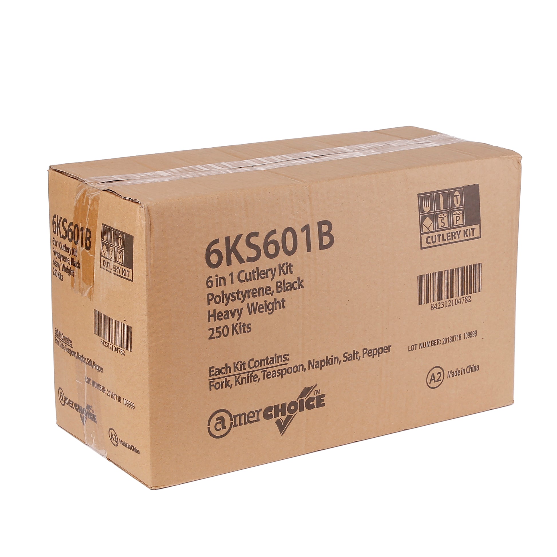 closed case of 6 Piece Kit Black Heavy Weight Polystyrene Fork-Teaspoon-Knife-13" x 17" Napkin-S&P