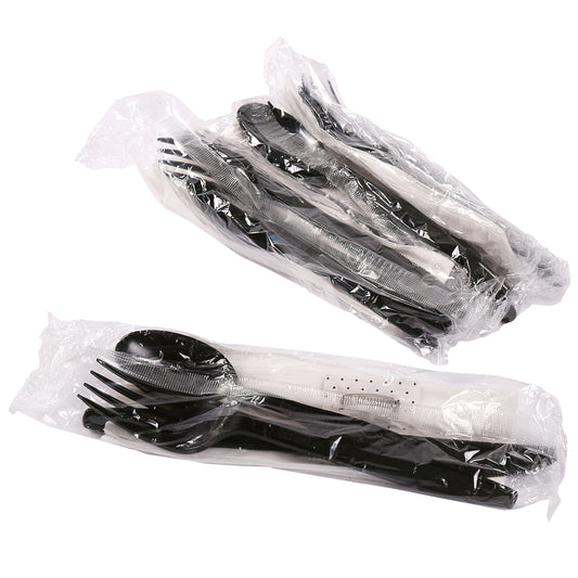 6 Piece Kit Black Heavy Weight Polystyrene Fork-Teaspoon-Knife-13" x 17" Napkin-S&P