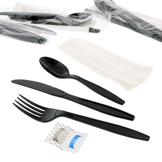 6 Piece Kit Black Heavy Weight Polystyrene Fork-Teaspoon-Knife-13" x 17" Napkin-S&P