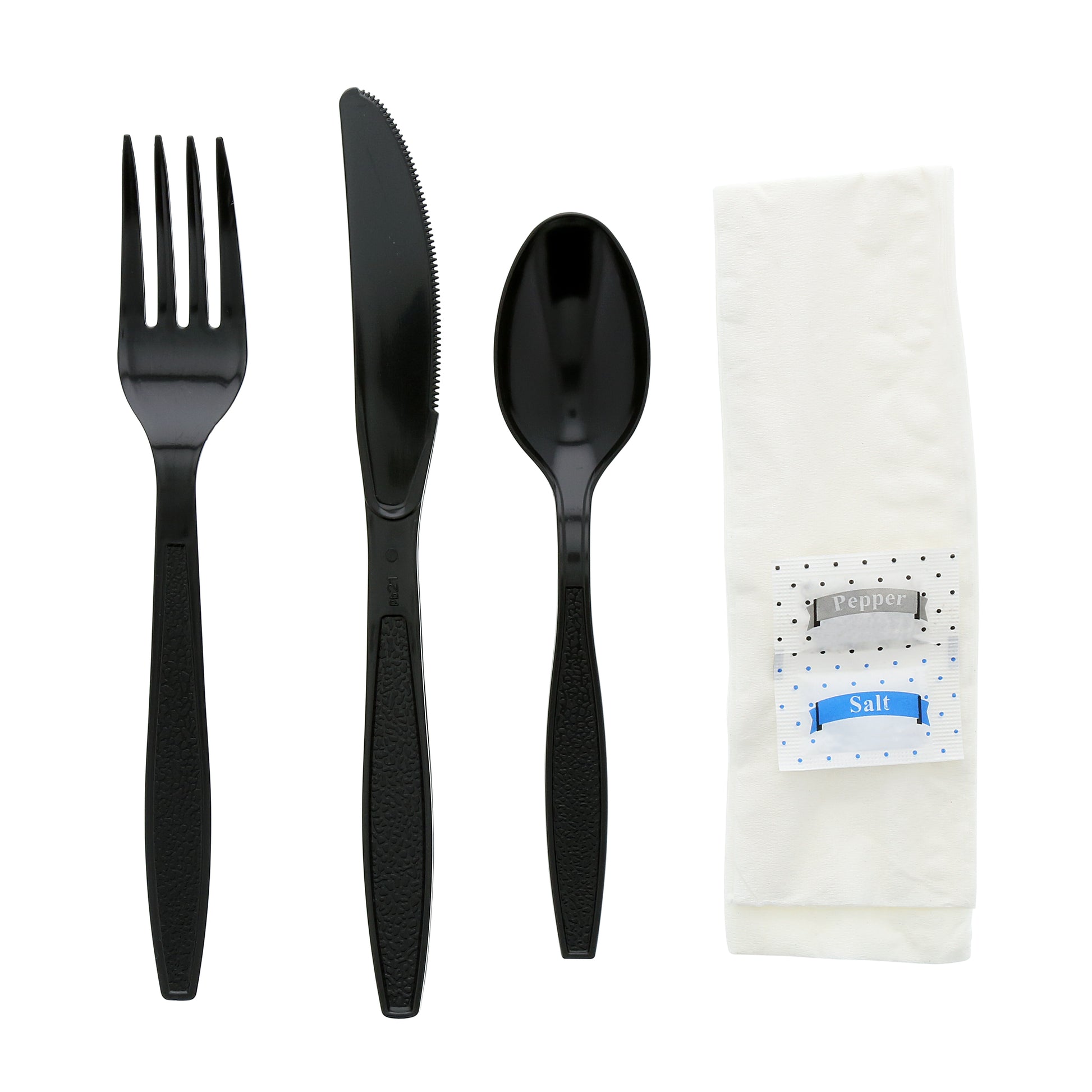 6 Piece Kit Black Heavy Weight Polystyrene Fork-Teaspoon-Knife-13" x 17" Napkin-S&P