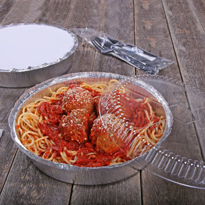 spaghetti takeout with a cutlery kit on the side