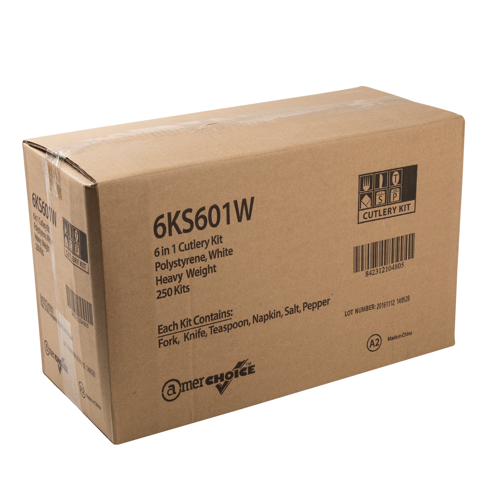 closed case of 6 Piece Kit White Heavy Weight Polystyrene Fork-Teaspoon-Knife-13" x 17" Napkin-S&P
