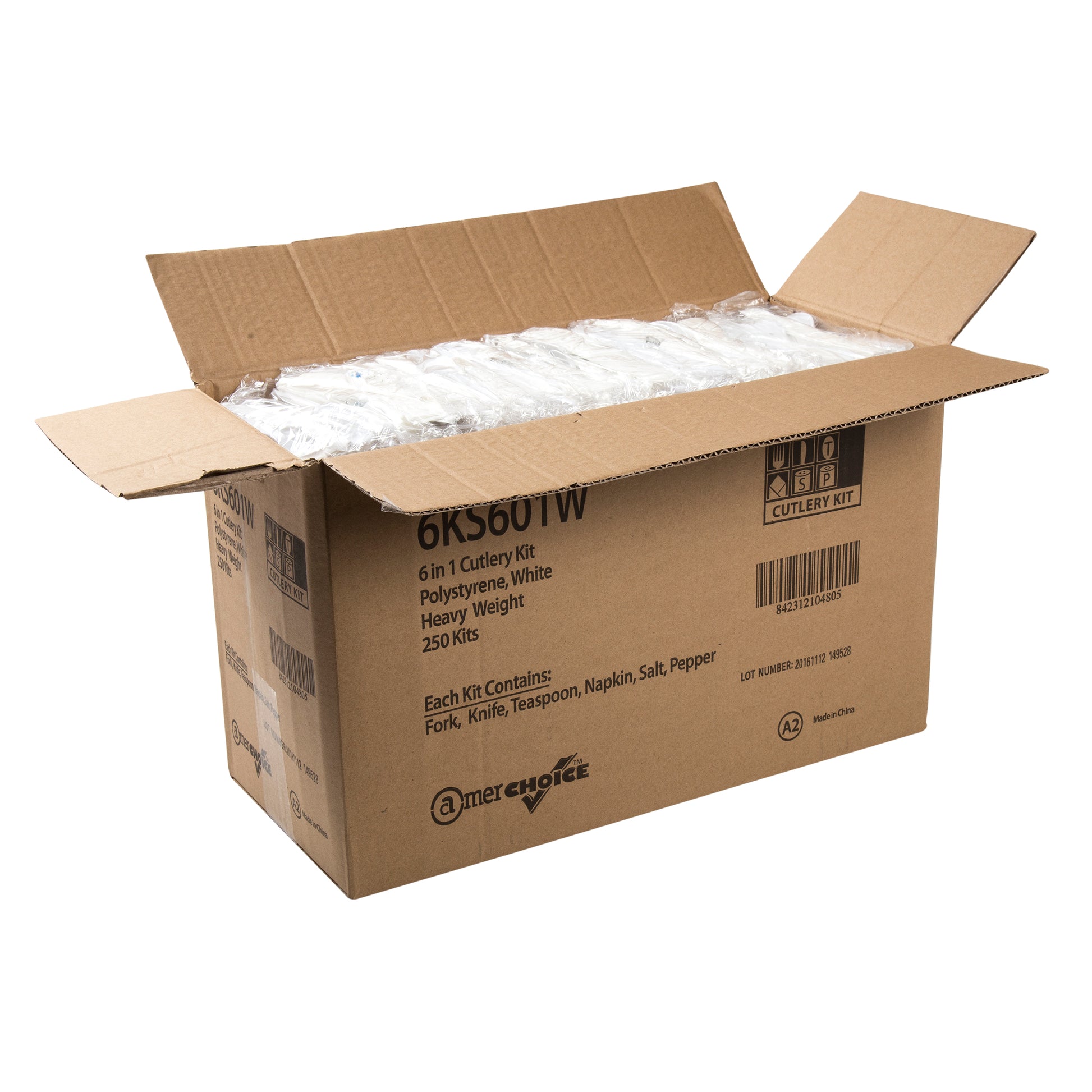 open case of 6 Piece Kit White Heavy Weight Polystyrene Fork-Teaspoon-Knife-13" x 17" Napkin-S&P