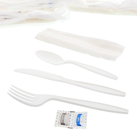 6 Piece Kit White Heavy Weight Polystyrene Fork-Teaspoon-Knife-13" x 17" Napkin-S&P