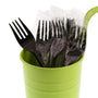 Medium Weight Black Polypropylene Individually Wrapped Forks in a green cup