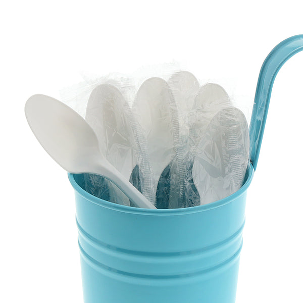 Medium Weight White Polypropylene Individually Wrapped Teaspoons in a blue can