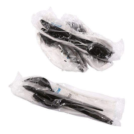 6 Piece Kit Black Medium Weight Fork-Teaspoon-Knife-12" x 13" Napkin-S&P, Case of 250