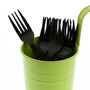 Medium Heavy Black Polystyrene Forks in a green cup