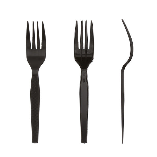 Three Medium Heavy Black Polystyrene Forks