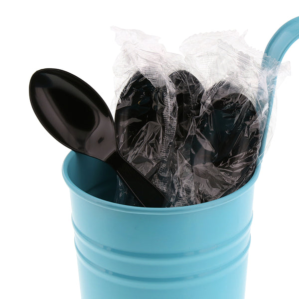 Medium Heavy Black Polystyrene Individually Wrapped Teaspoons in a blue cup