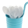 Medium Heavy White Polystyrene Individually Wrapped Teaspoons in a blue cup