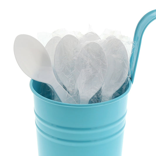 Medium Heavy White Polystyrene Individually Wrapped Teaspoons in a blue cup