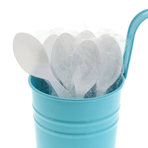 Medium Heavy White Polystyrene Individually Wrapped Teaspoons in a blue cup