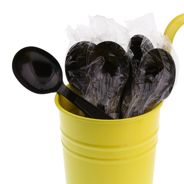 Heavy Black Polystyrene Individually Wrapped soup spoons in a yellow cup