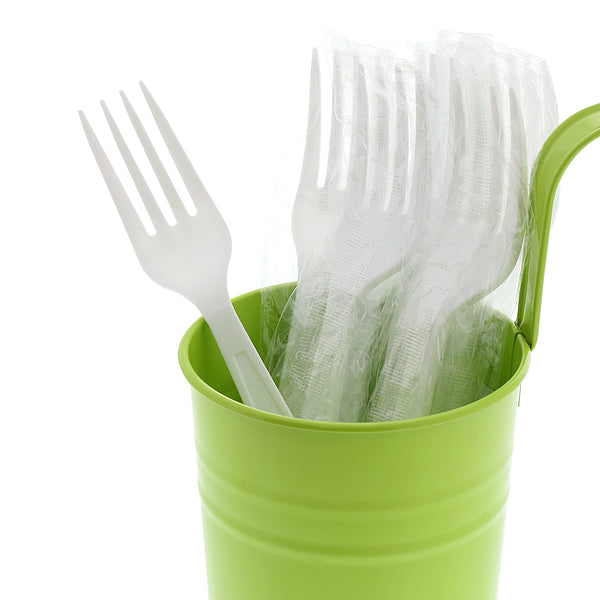 Heavy White Polystyrene Individually Wrapped Forks in a green cup