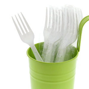 Heavy White Polystyrene Individually Wrapped Forks in a green cup