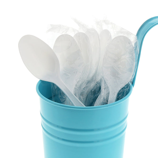 Heavy White Polystyrene Individually Wrapped Teaspoons in a blue cup
