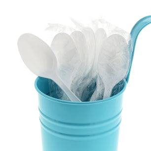 Heavy White Polystyrene Individually Wrapped Teaspoons in a blue cup