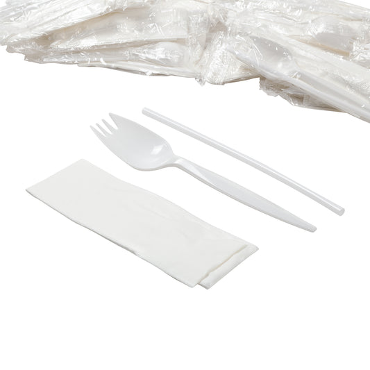 3 Piece Kit White Medium Weight Spork, 10" x 10" Napkin, Milk Straw unwrapped with wrapped kits behind it